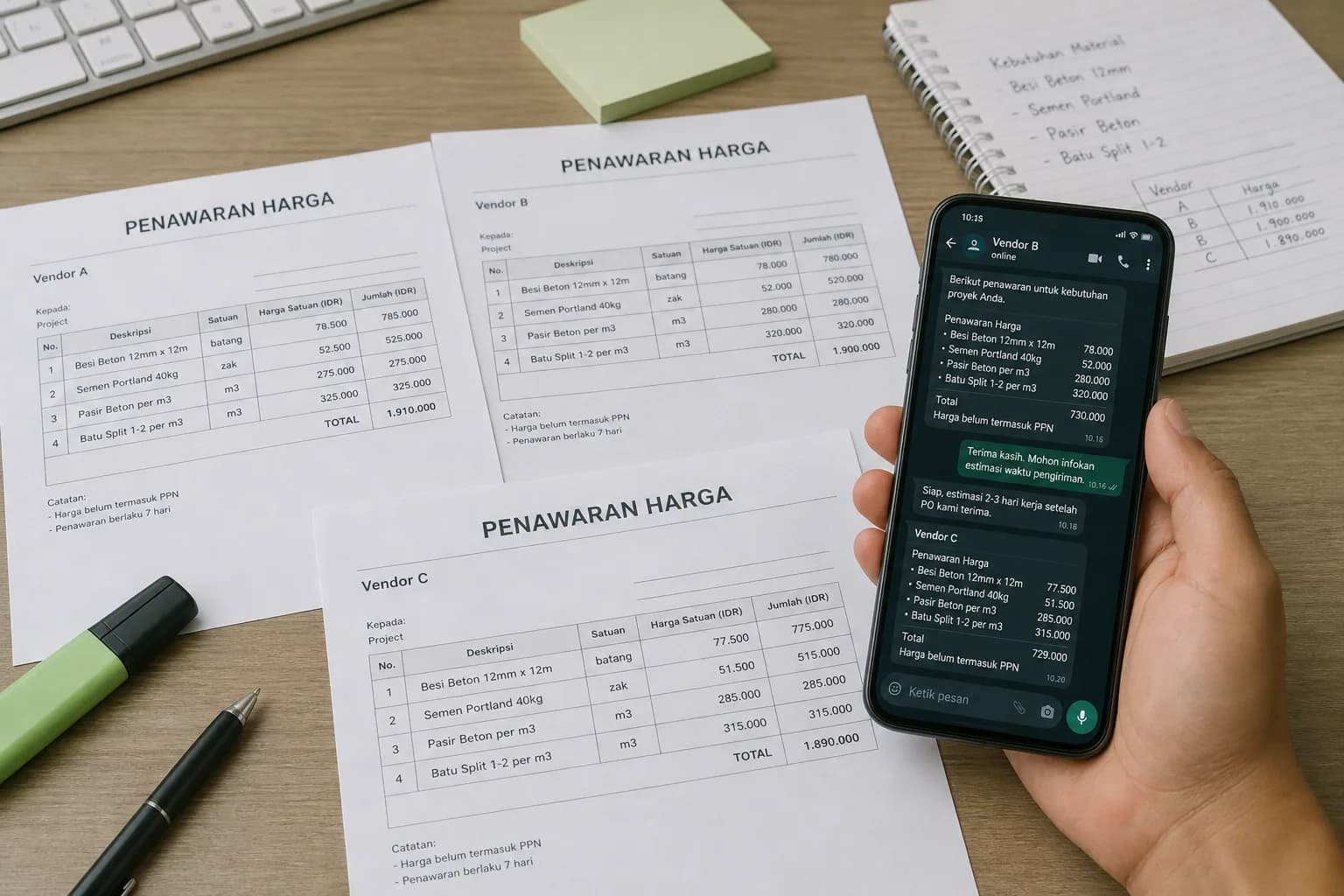 Pembanding Penawaran Vendor dari WhatsApp dan PDF
